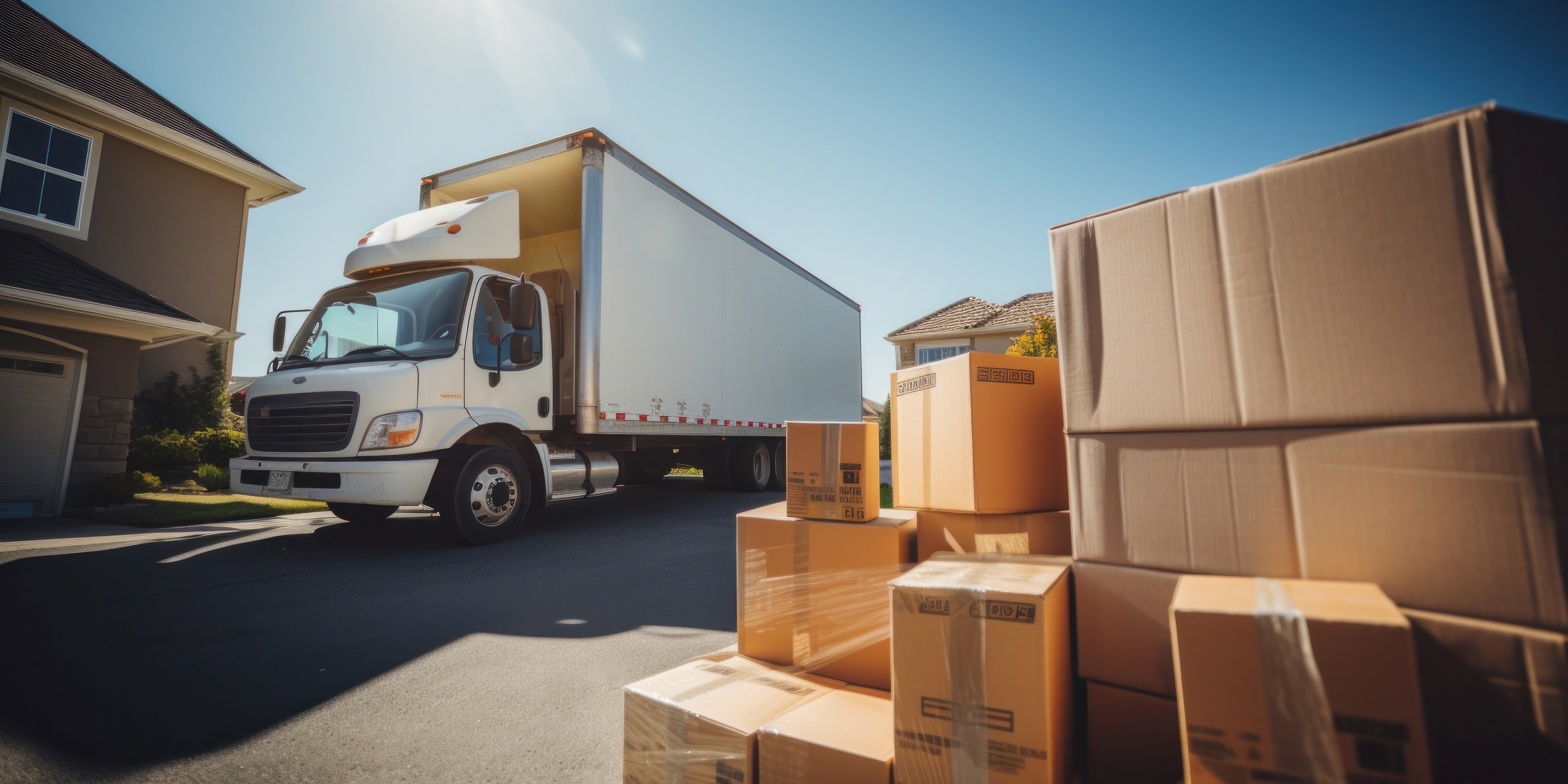 white moving truck next to a stack of moving boxes