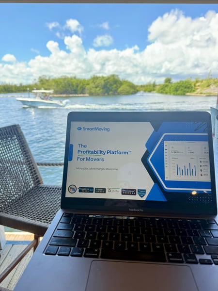 SmartMoving's Profitability Platform on a laptop screen with Florida harbor in the background