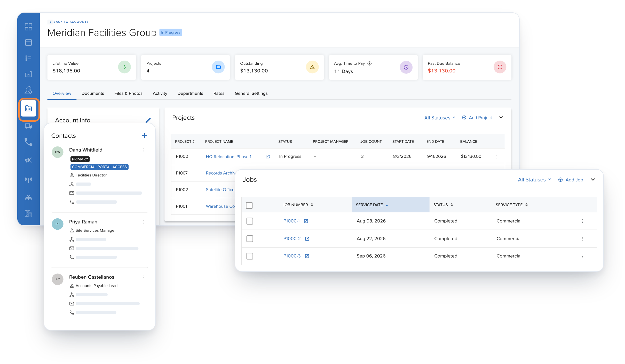 SmartMoving Smart Pro Accounts view showing a commercial account with its contacts and jobs