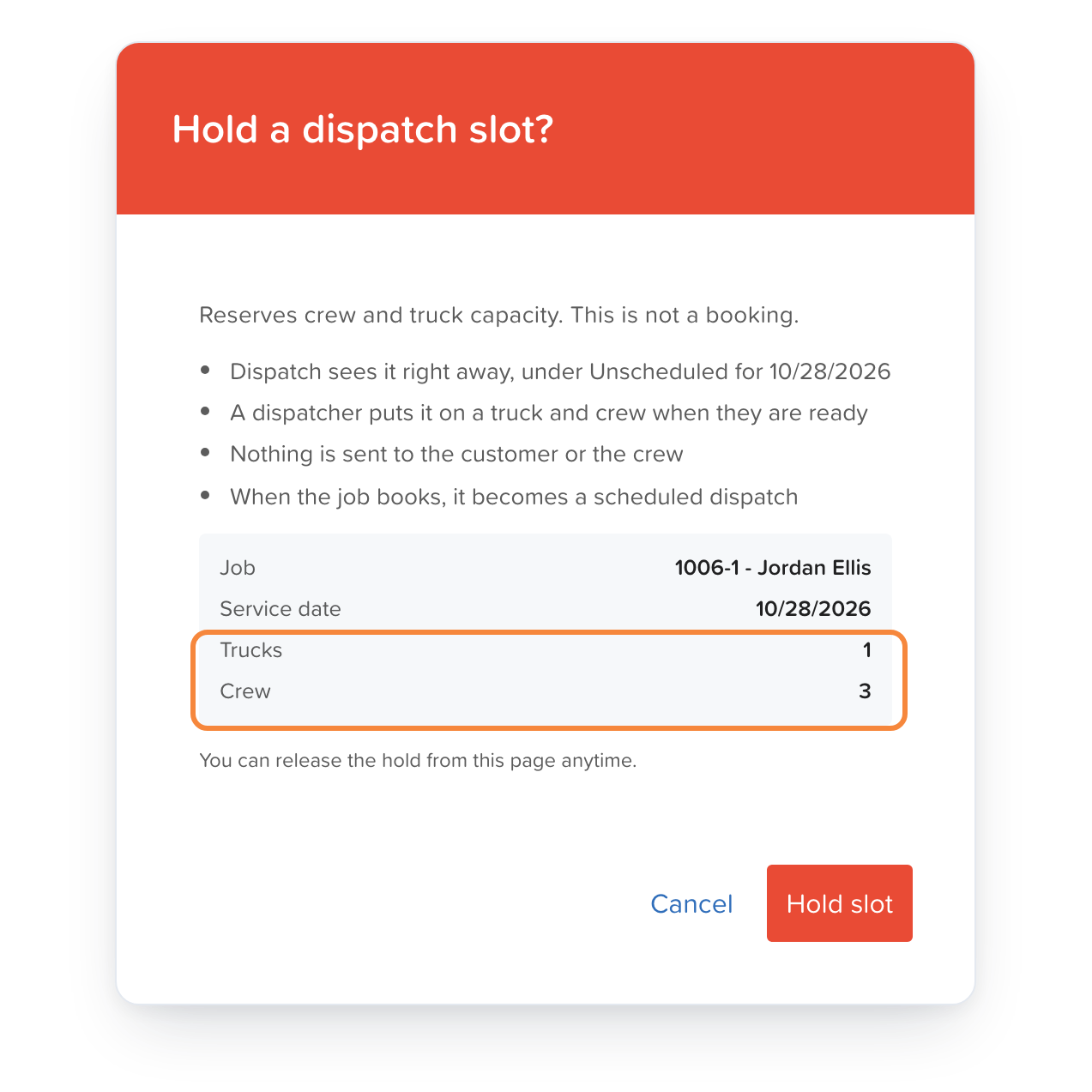 SmartMoving prompt to hold a dispatch slot, explaining that it reserves crew and truck capacity without creating a booking