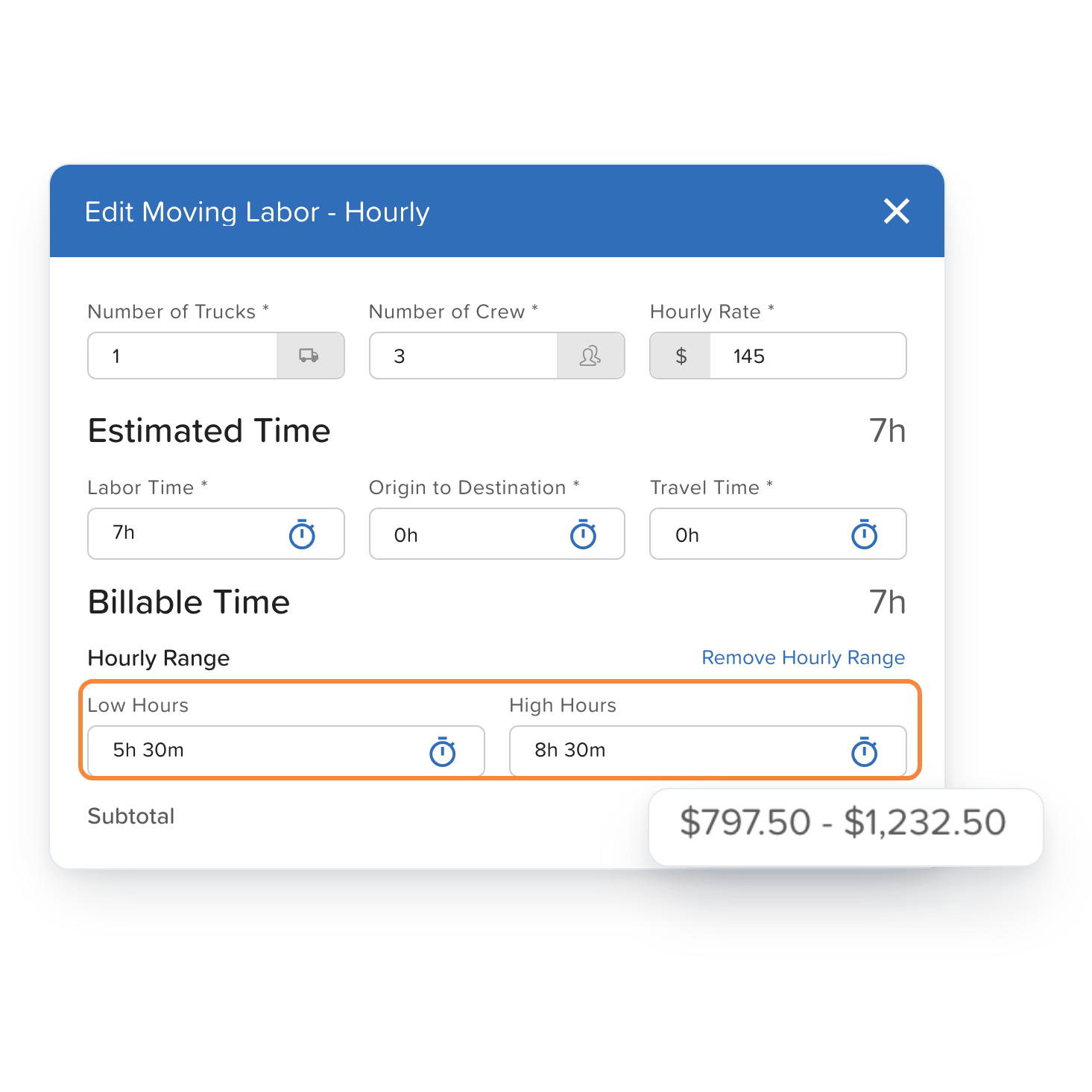SmartMoving Edit Moving Labor window showing an hourly range of 5 hours 30 minutes to 8 hours 30 minutes and the matching price range