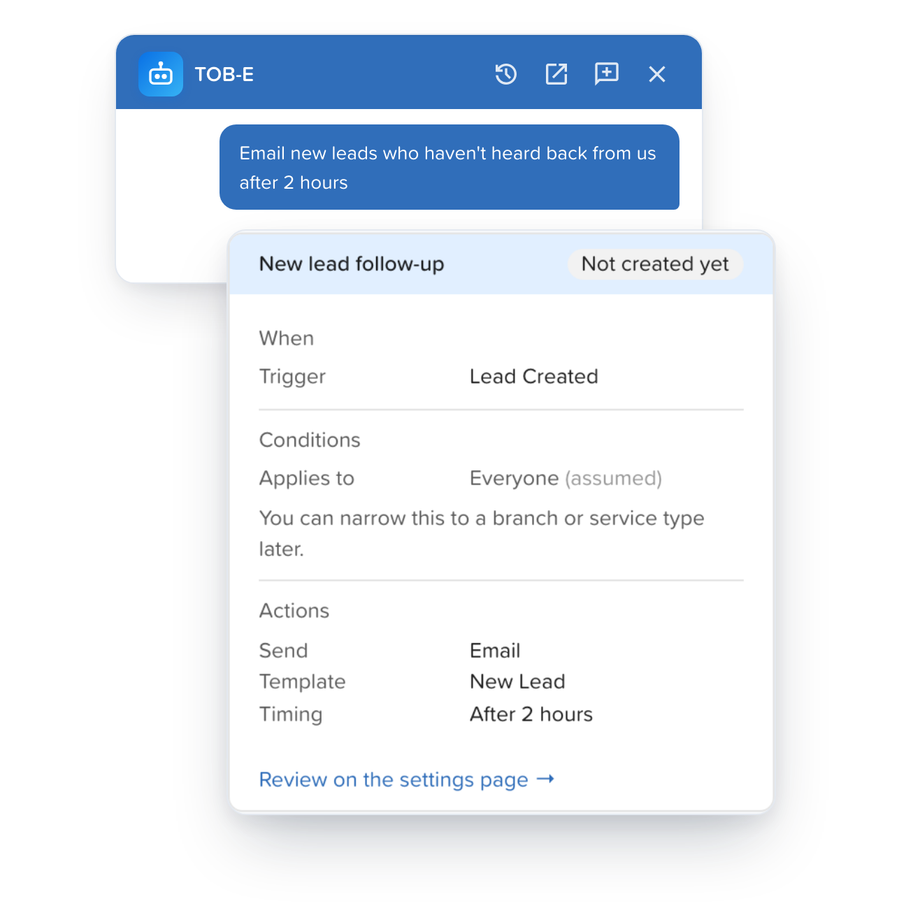 TOB-E building a new lead follow-up automation rule from a plain-language request
